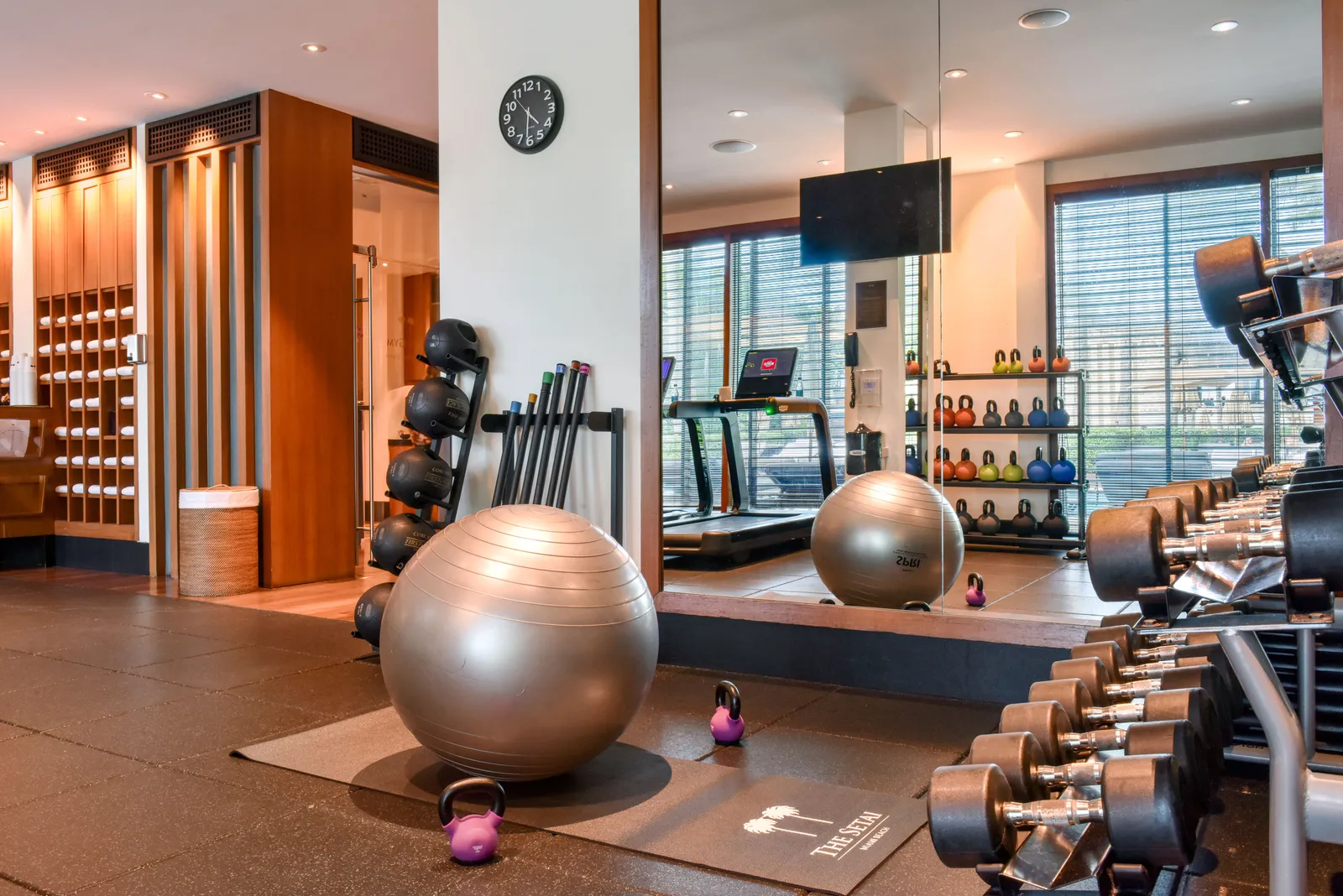 The fitness centre, with exercise balls, dumbbells, a treadmill and slatted windows onto the greenery.