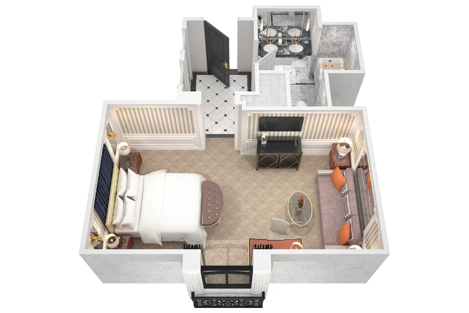 Floor plan of the Superior room with a king bed