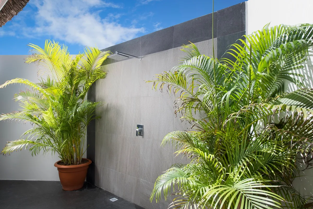 The outdoor shower of a Superior Water Bungalow, among potted palms and pale walls.