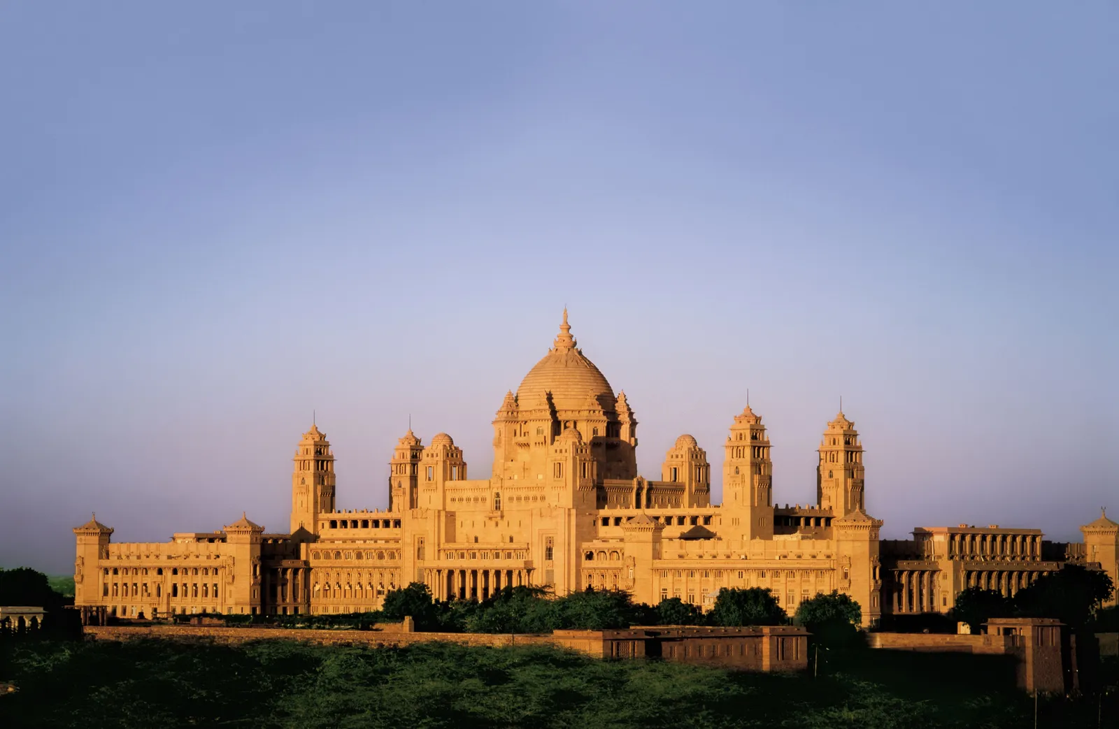 Umaid Bhawan Palace’s sandstone façade above the lawns