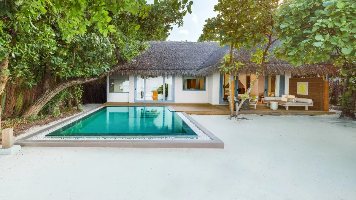 A Beach Pool Villa’s pool in front of the thatched house, among the trees.
