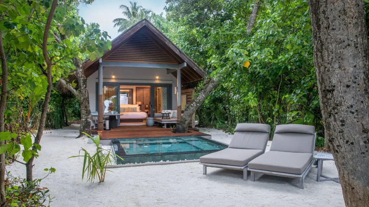 A Beach Villa with Plunge Pool among the trees, its small pool and 2 loungers on the sand.