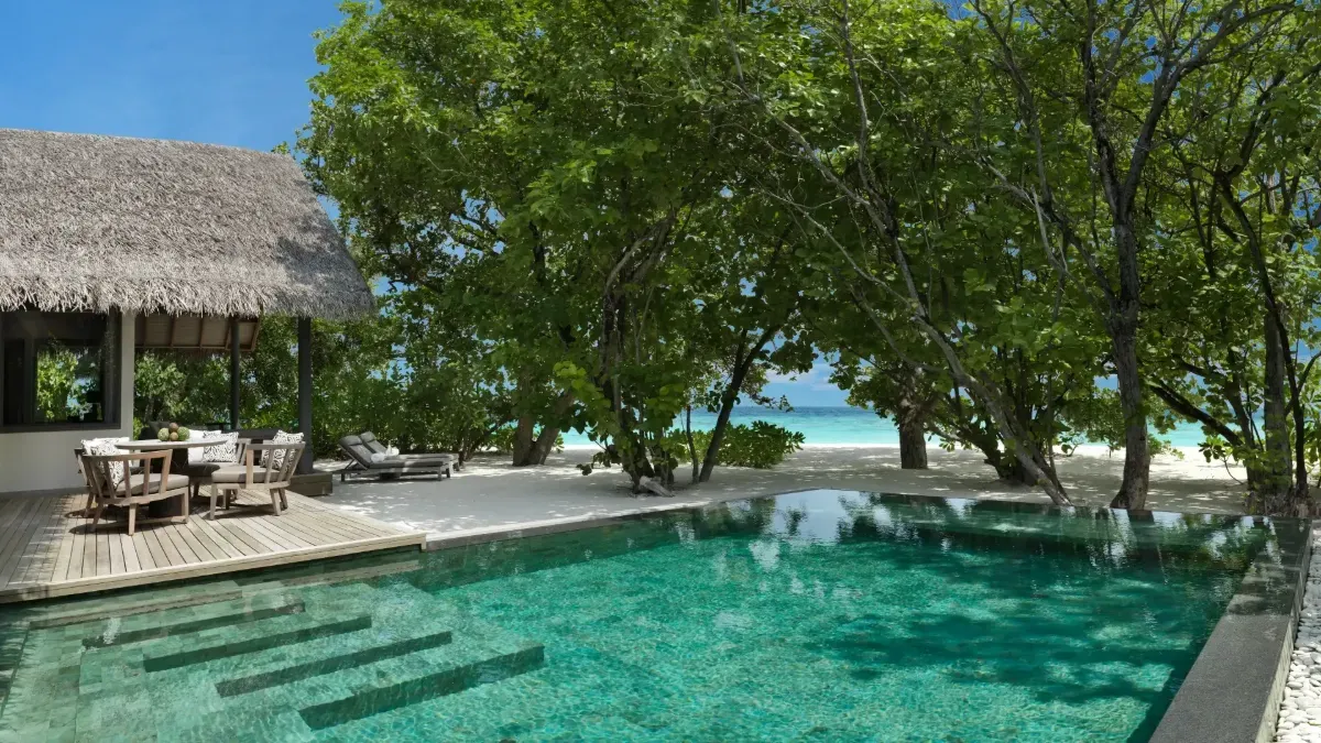 A One Bedroom Deluxe Beach Pool Residence’s pool under the trees, the beach beyond.