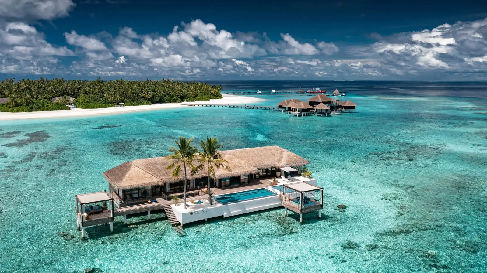 The Romantic Residence from the air, away from the island in the middle of the lagoon