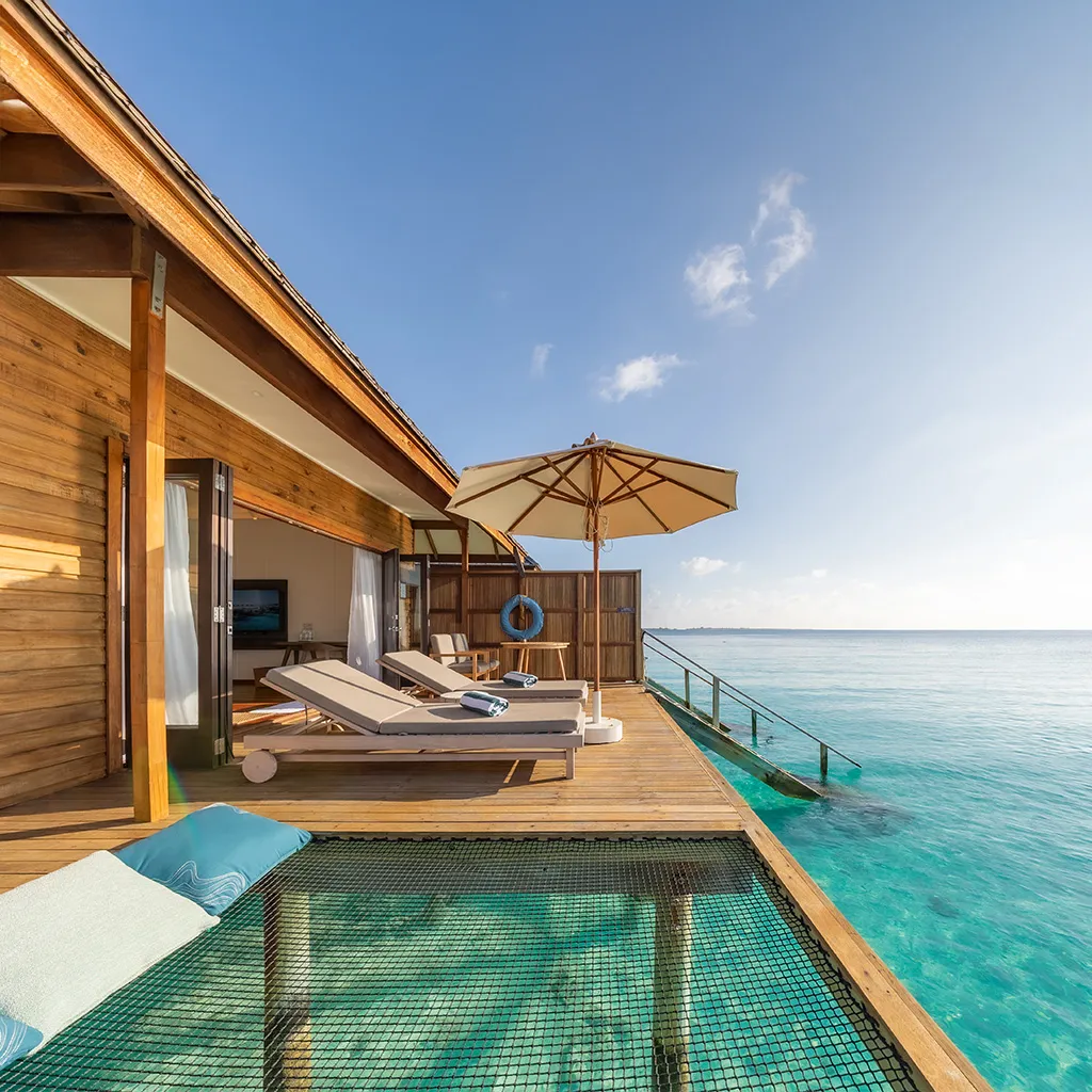 A Sunset Ocean Villa deck, with its net slung over the water.