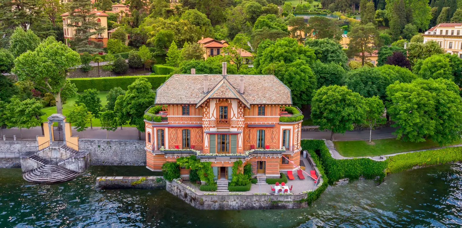 A villa on the water inside the park, seen from above