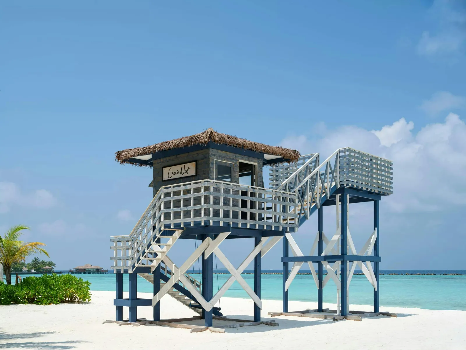 The Crow’s Nest, the wooden lookout on the beach with its spiral stair, facing the lagoon.