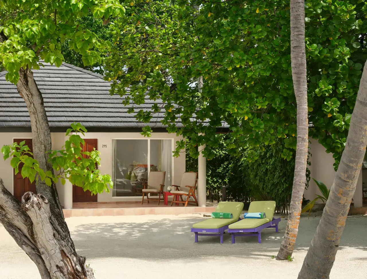 Island Villa — Garden-side villa facade with terrace and loungers; no beachfront inference.