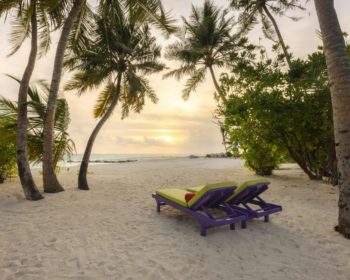 2 Bedroom Family Beach Villa — Beach and purple loungers under palms near sunset; villa layout not visible.