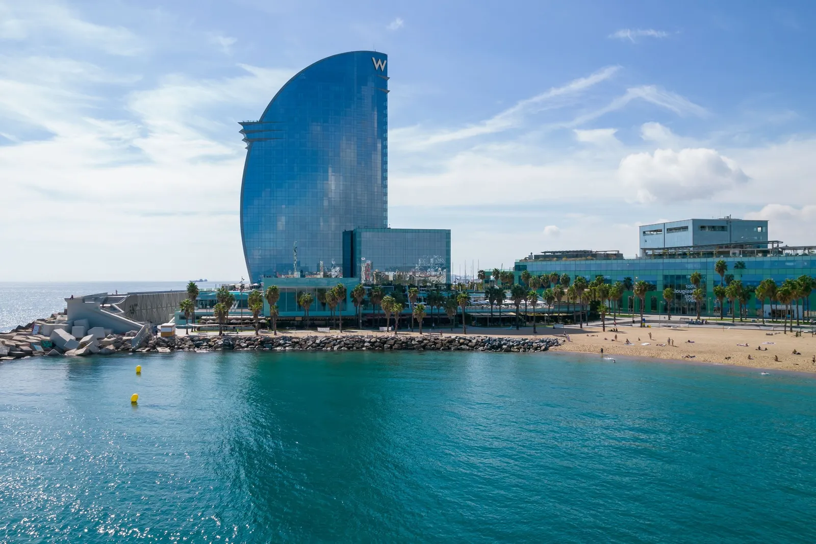 The tower and the beach seen from the sea on a clear day