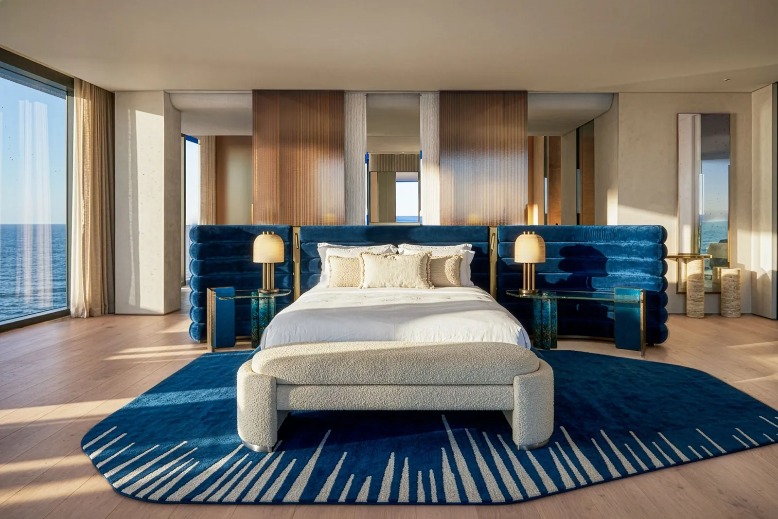 A bedroom with a blue velvet headboard, a patterned rug and the sea through the windows