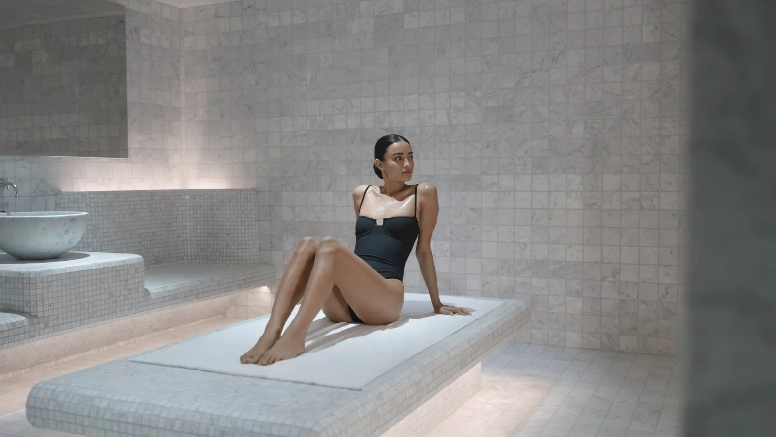 The Guerlain spa’s hammam, a guest seated on the white stone