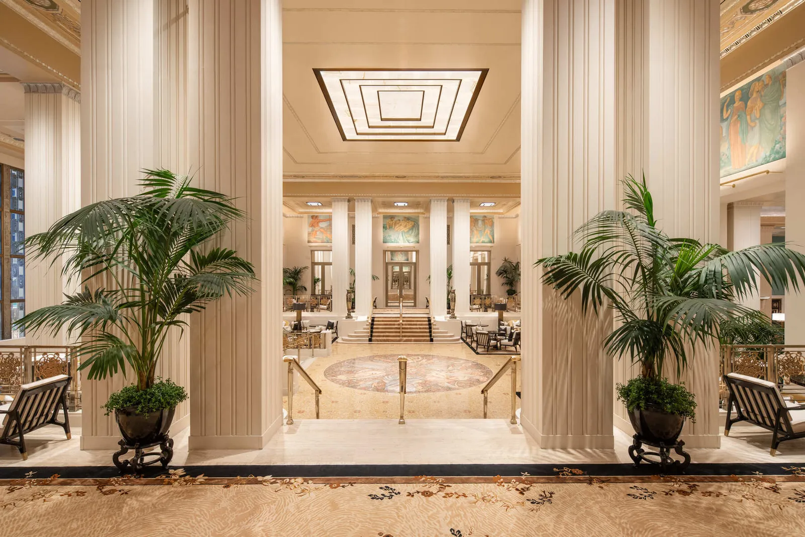 The Park Avenue lobby between its columns and palms
