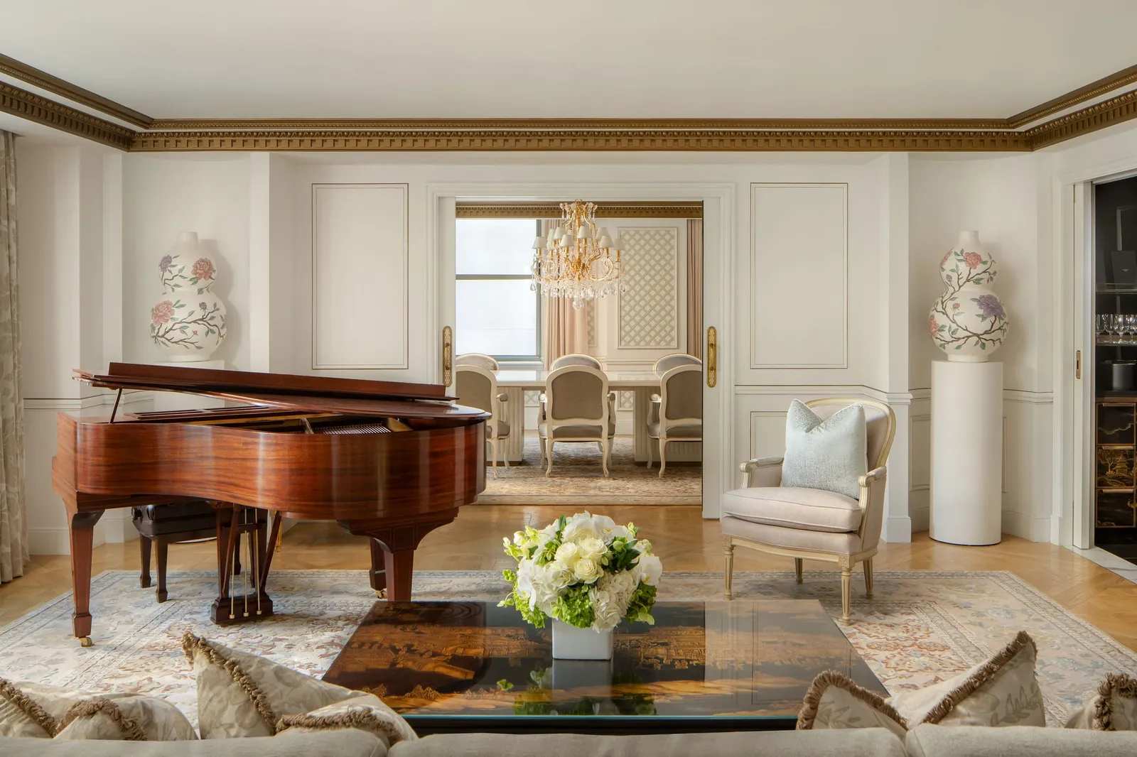 The Waldorf Astoria Suite living room with its grand piano