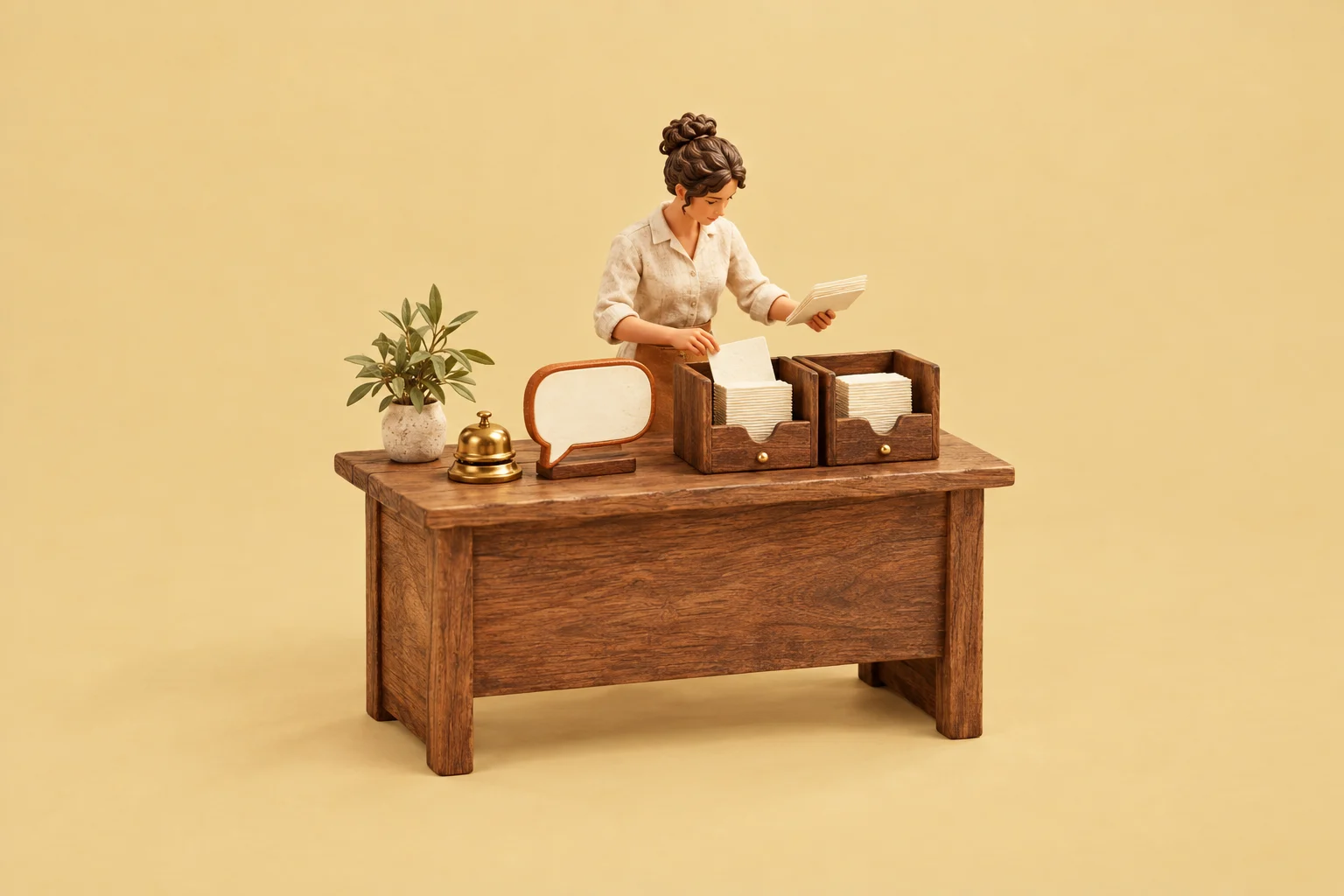 A miniature receptionist sorts cream review cards into two walnut pigeonholes, beside a brass bell and an ivory speech bubble.