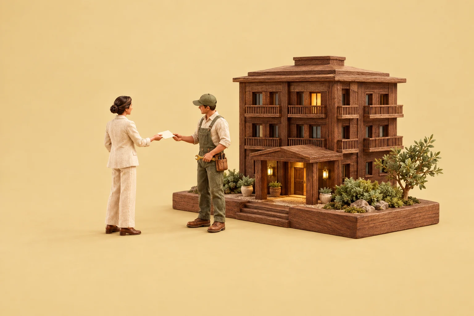 A miniature hotel manager hands a review card to a maintenance worker with a brass spanner, beside a walnut model of the hotel.