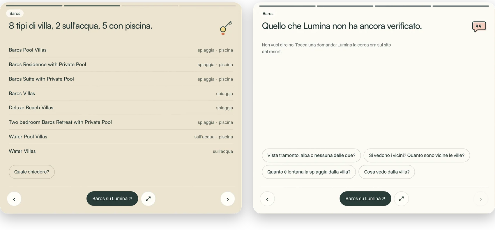 Due schede dell’app Lumina dentro una conversazione: l’elenco degli otto tipi di villa di Baros e le domande a cui l’app non sa ancora rispondere.