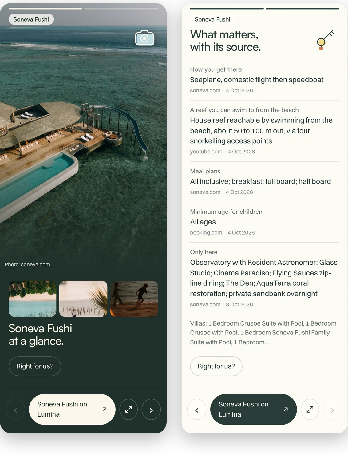 Two cards from Lumina’s app for ChatGPT and Claude: Soneva Fushi at a glance, with an aerial photograph, and what matters about the resort, each fact with its source and date.