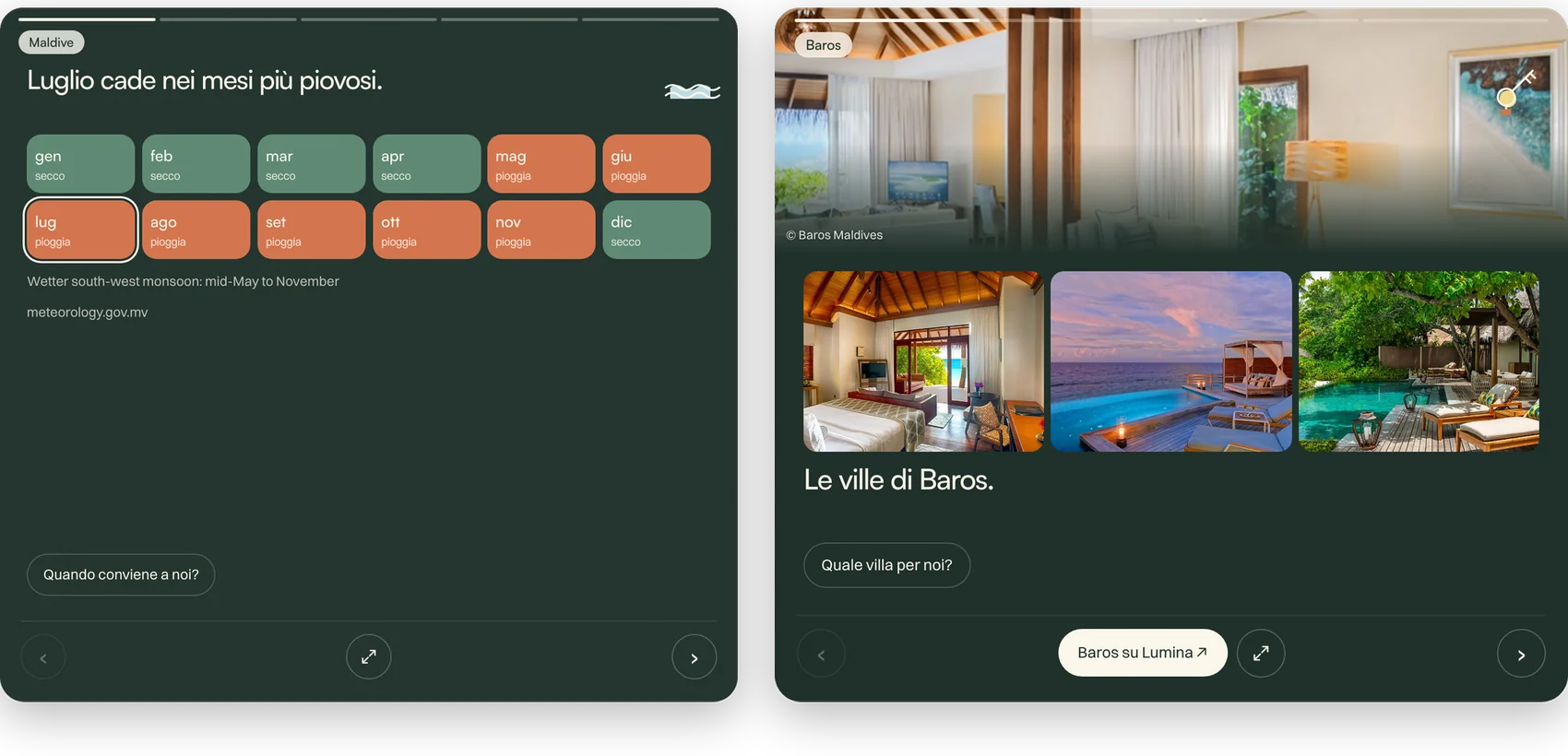 Due schede dell’app Lumina per ChatGPT e Claude: il calendario dei mesi secchi e piovosi alle Maldive e le foto delle ville di Baros.