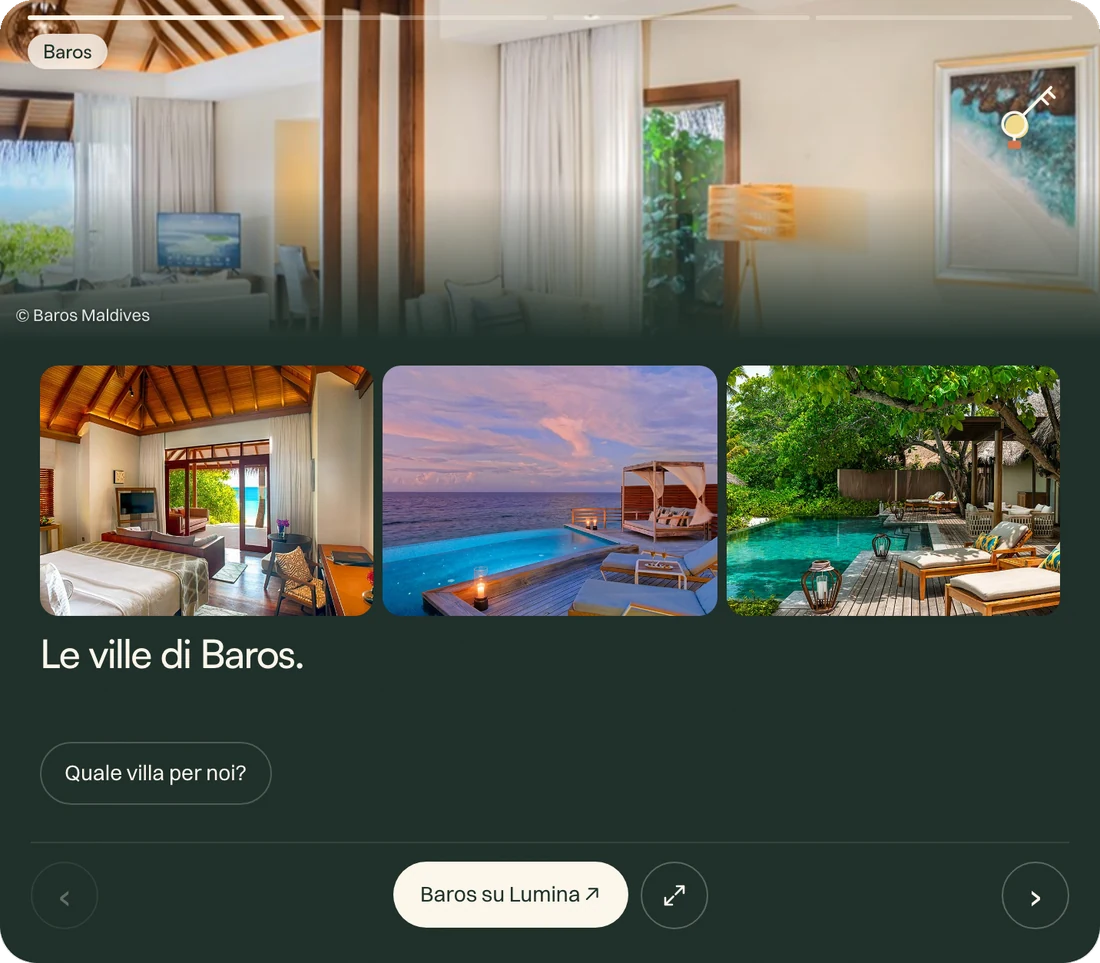 A card from Lumina’s app: three photos of the villas at Baros, the title “Le ville di Baros”, a button with the question “Quale villa per noi?” and, at the foot, the link to the resort’s page and the button to enlarge.