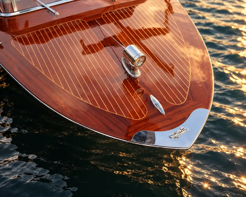 Polished wooden bow of a Grand Hotel Tremezzo motorboat; Lumina editorial edit