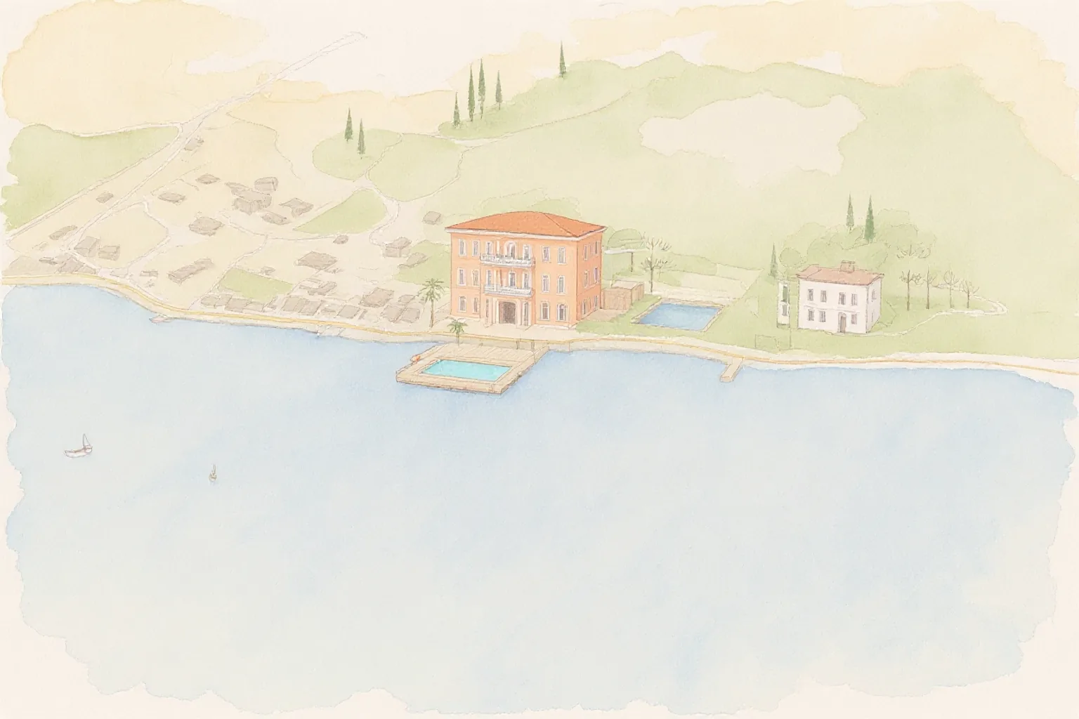 Mappa illustrata della riva di Tremezzo: Grand Hotel Tremezzo, la piscina sul lago, Villa Carlotta e l'imbarcadero