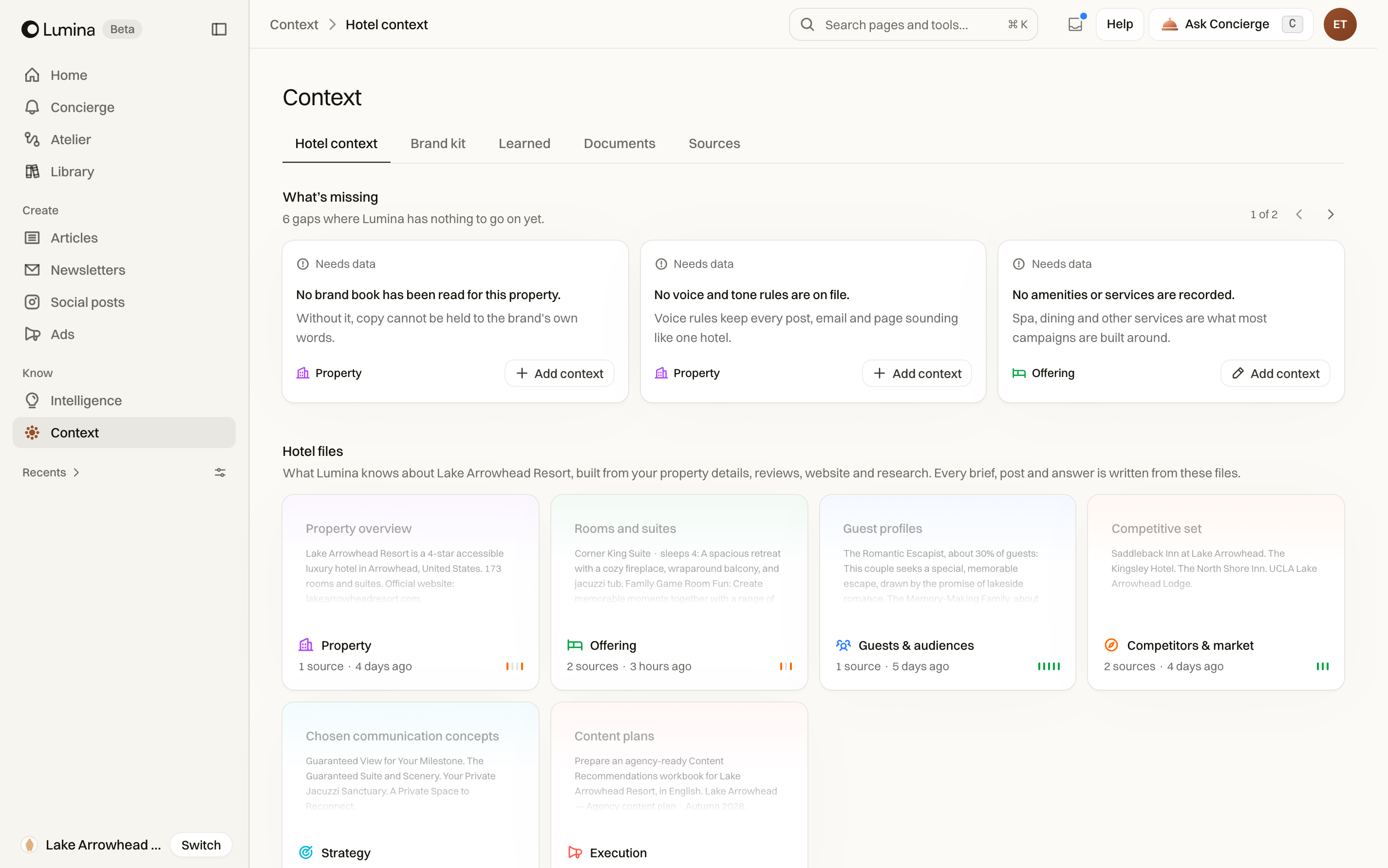 Hotel context: source categories keep the property knowledge organised