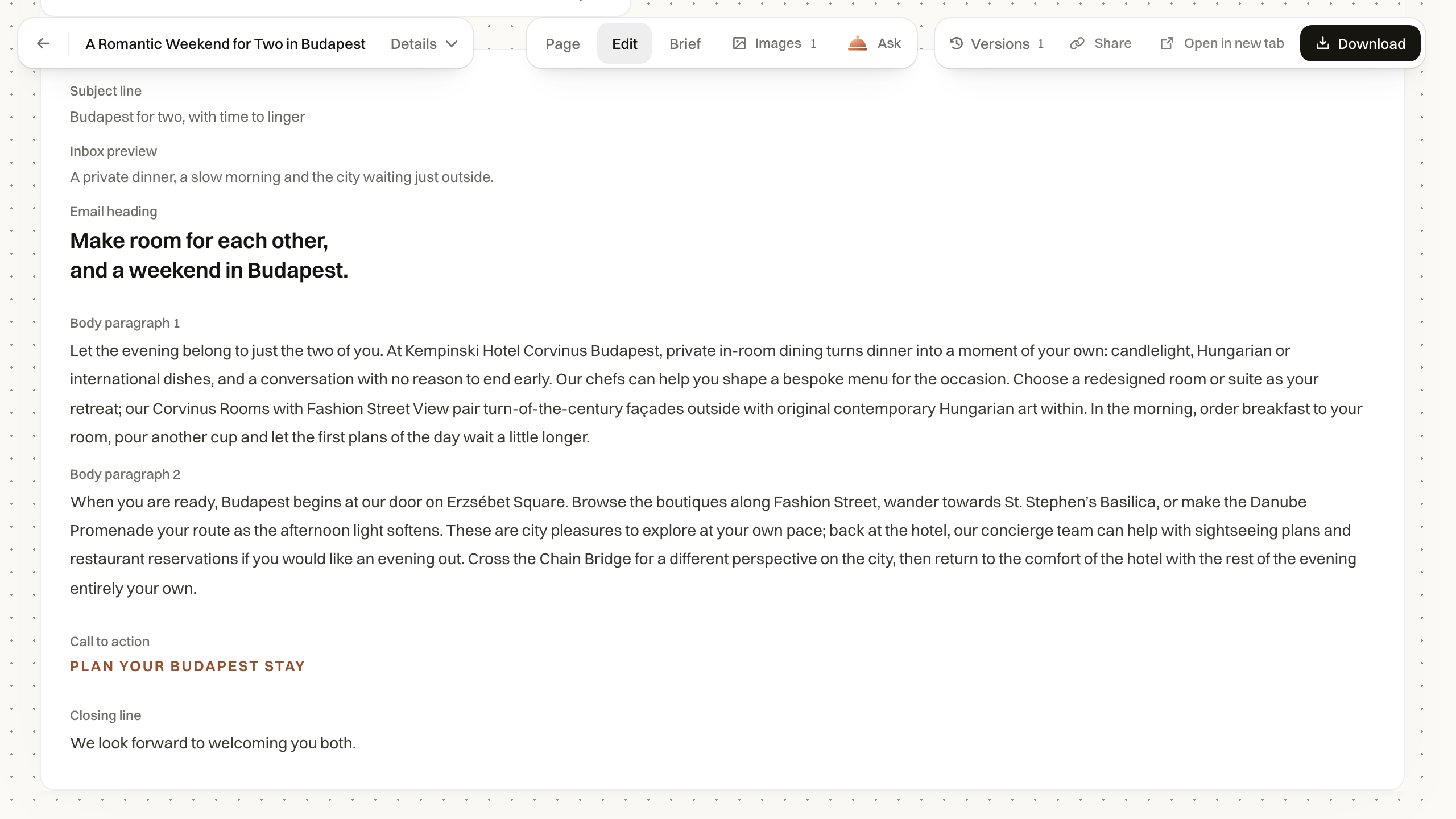 The newsletter editor, with text fields, image controls and saved versions