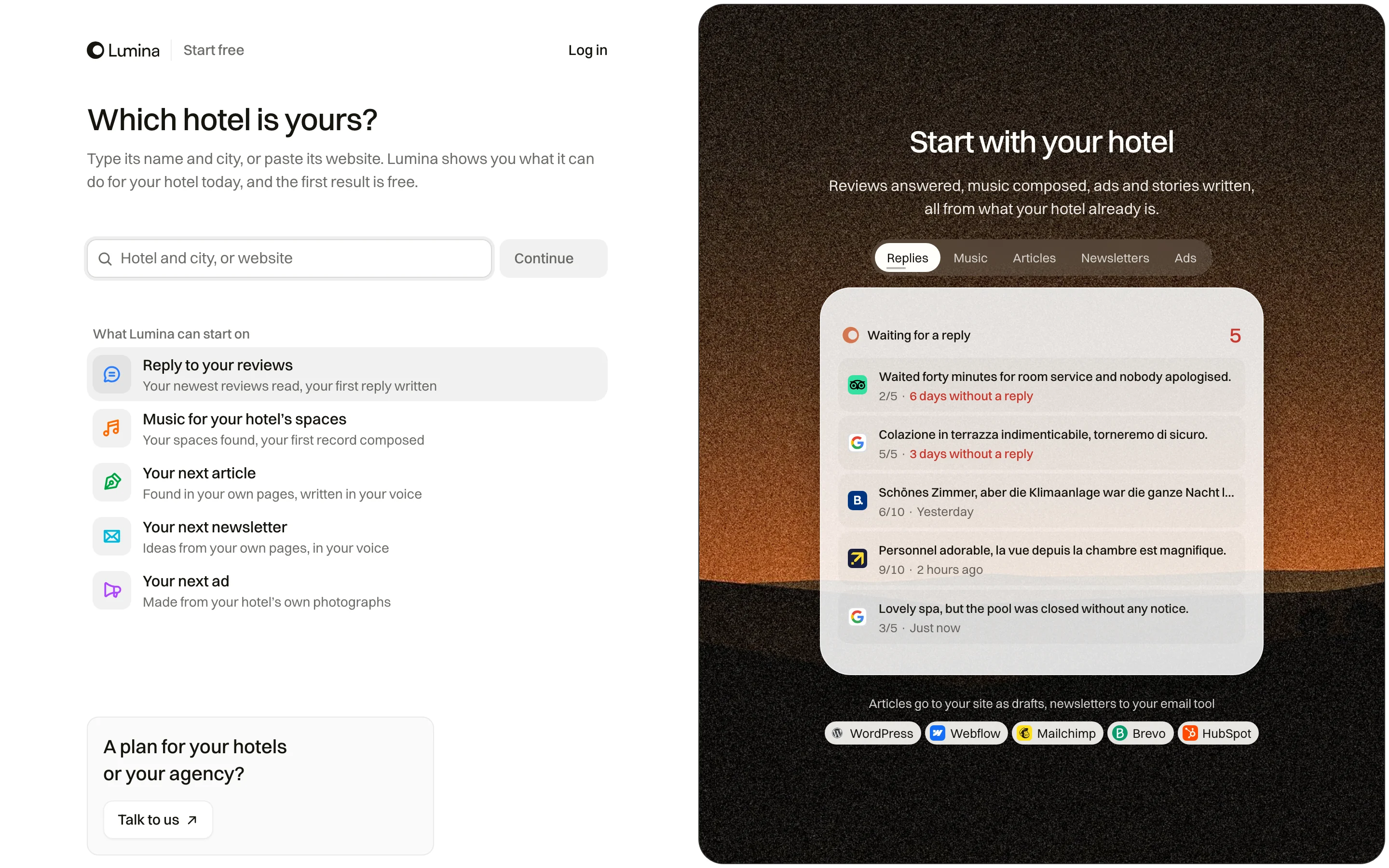 Start free: choose your hotel, then the first task