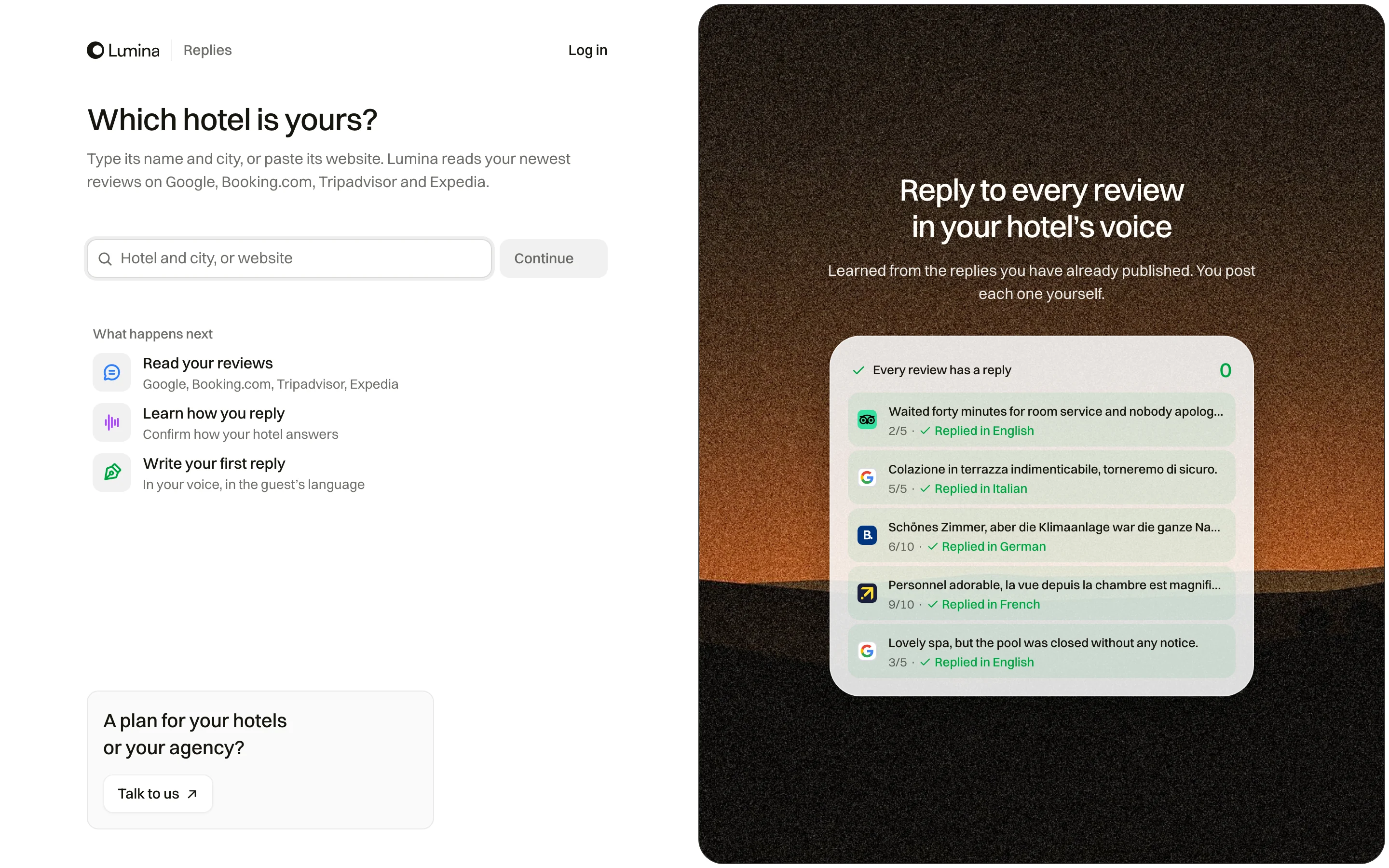 Replies: the start page that reads a hotel’s reviews and writes the first reply
